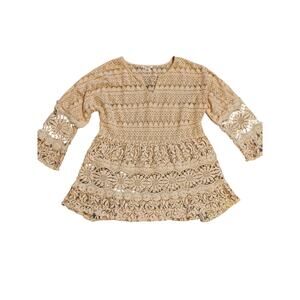 Sundance lace overlay bell sleeve crochet top peach medium festival coastal boho